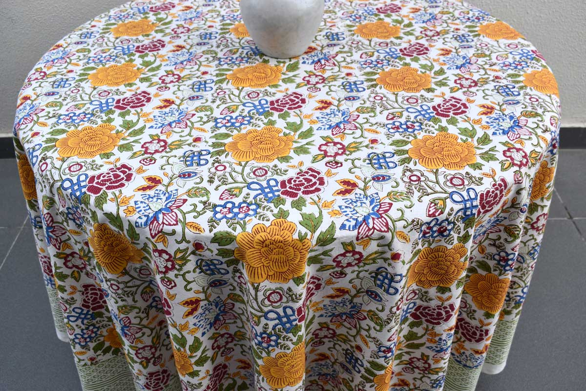 Hand Block Printed Cotton Round Tablecloth 220 cms Floral Canvas Blue Jade Open 106816