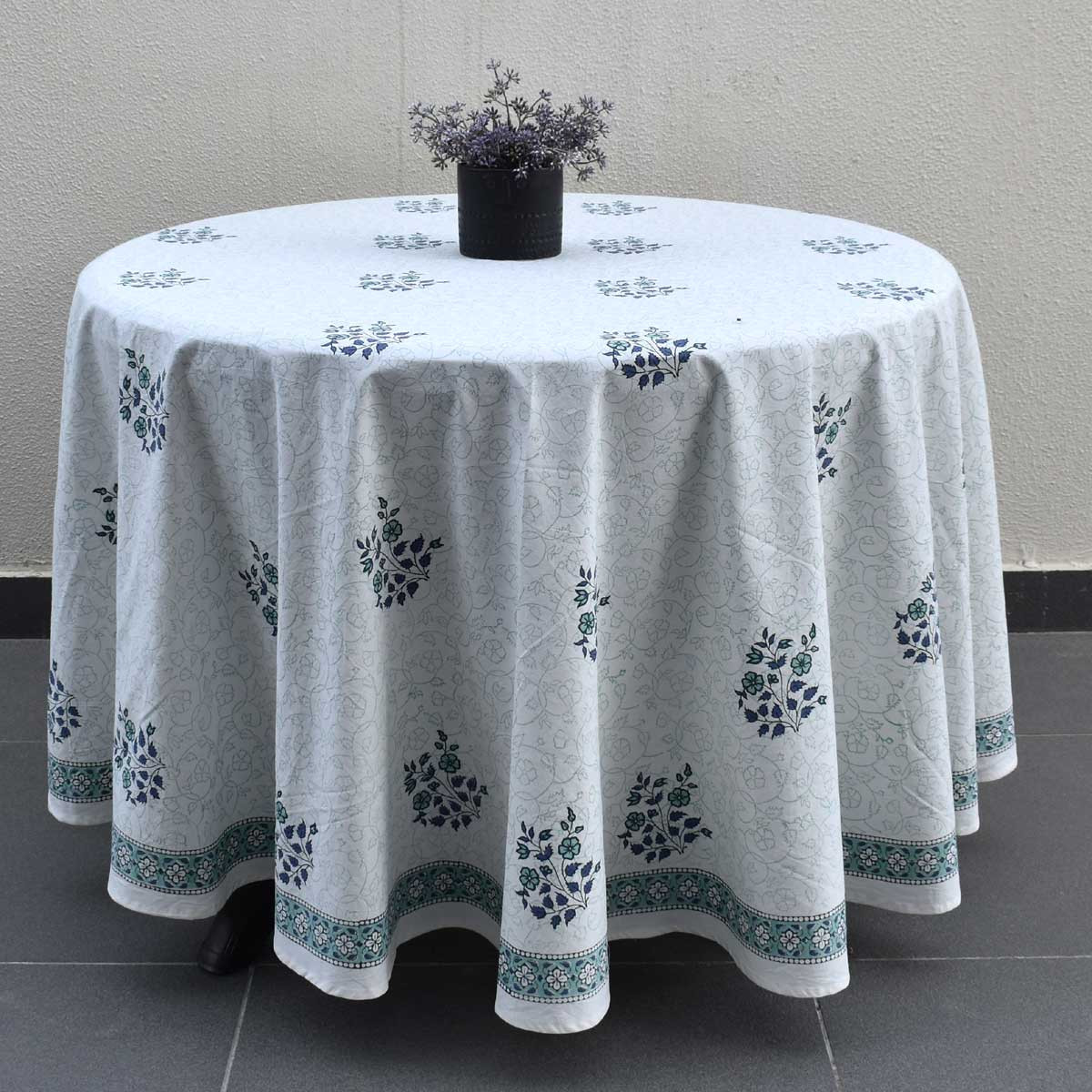 Hand Block Printed Cotton Round Tablecloth 220 cms Floral Kali Blue Boota 309470