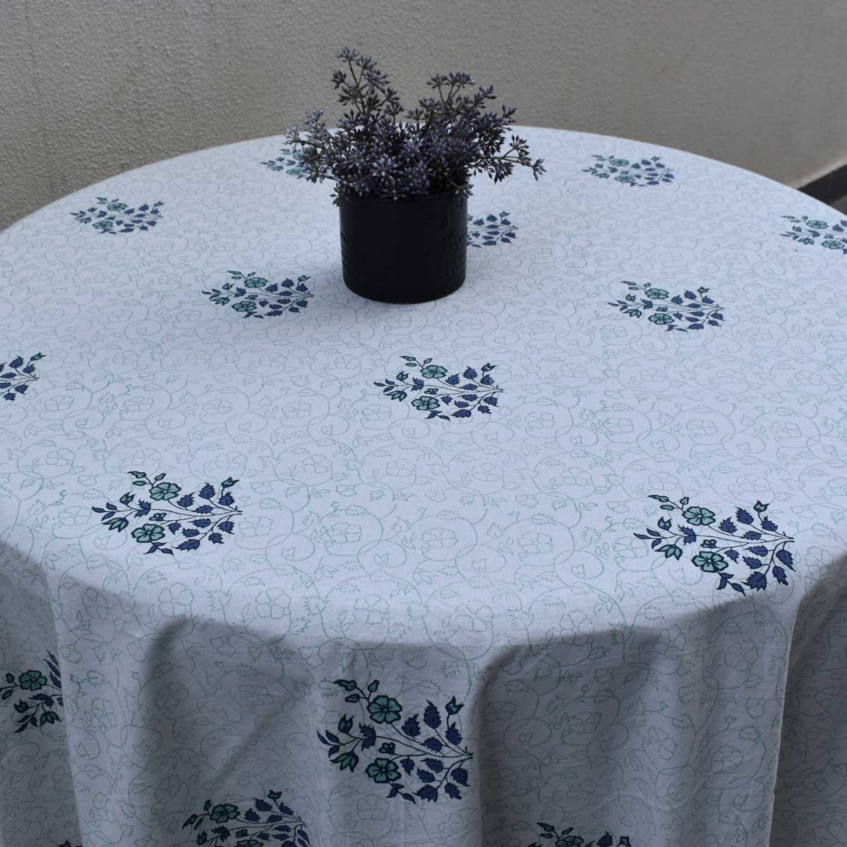 Hand Block Printed Cotton Round Tablecloth 220 cms Floral Kali Blue Boota 309470