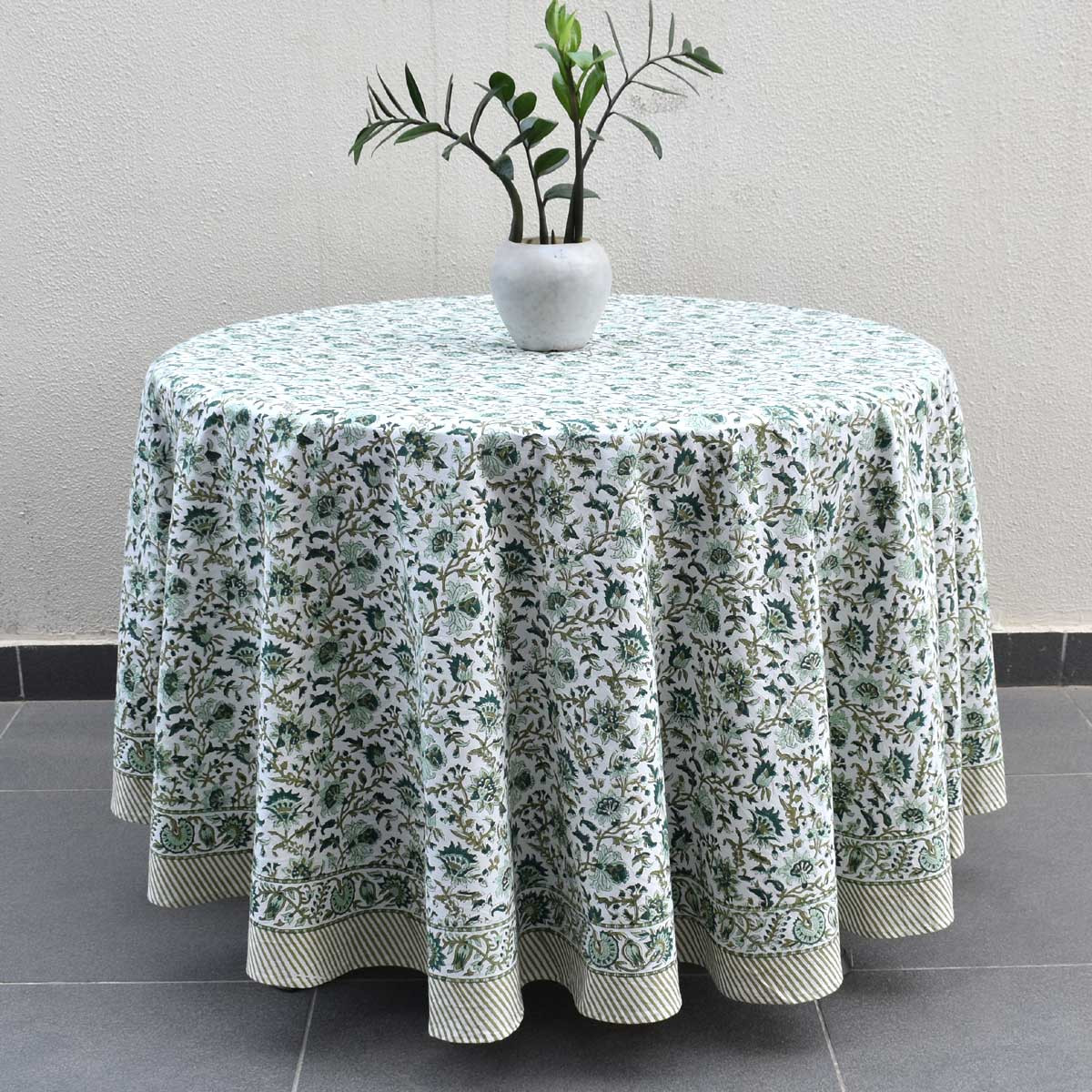 Hand Block Printed Cotton Round Tablecloth 220 cms Hari Bagia Jaal 605170