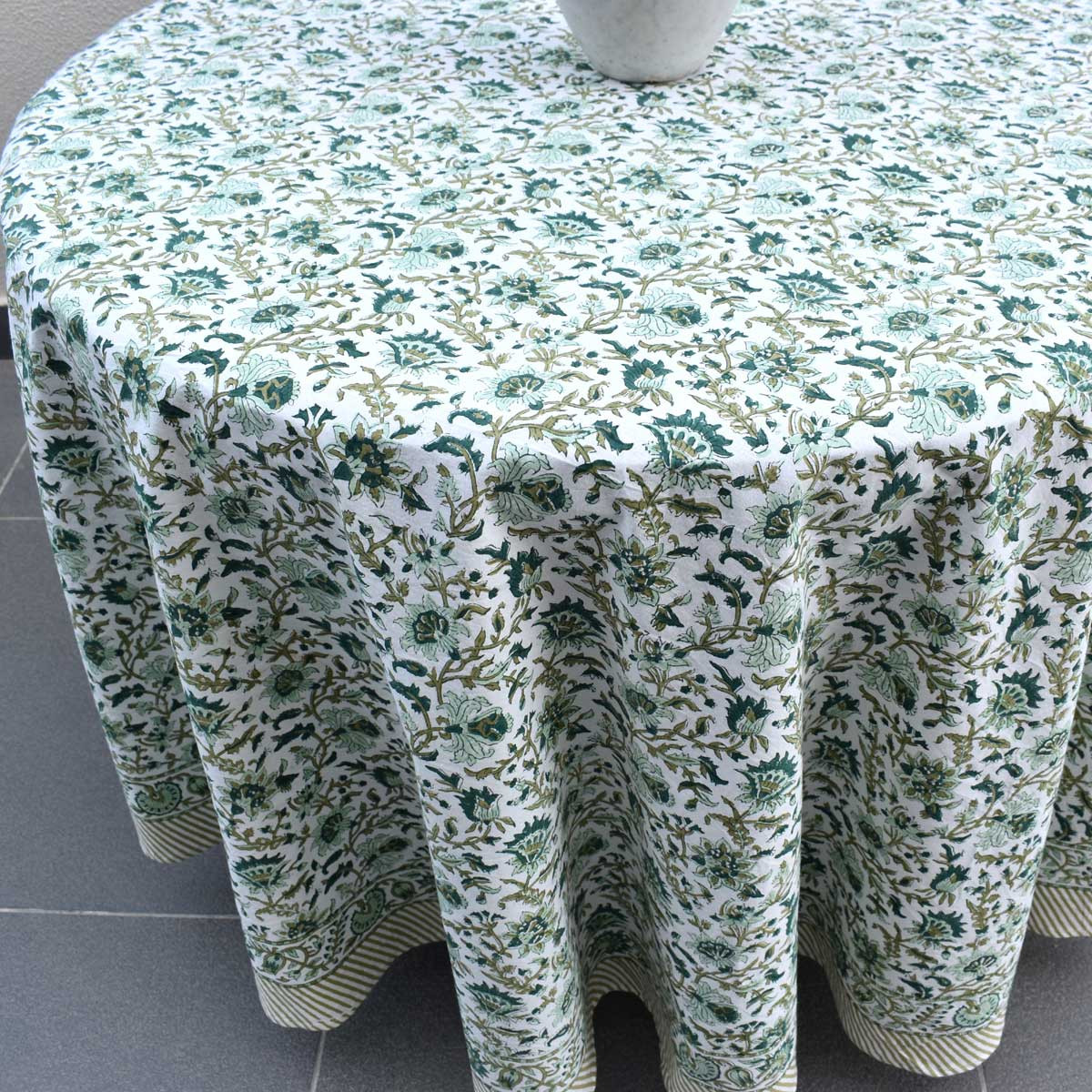 Hand Block Printed Cotton Round Tablecloth 220 cms Hari Bagia Jaal 605170