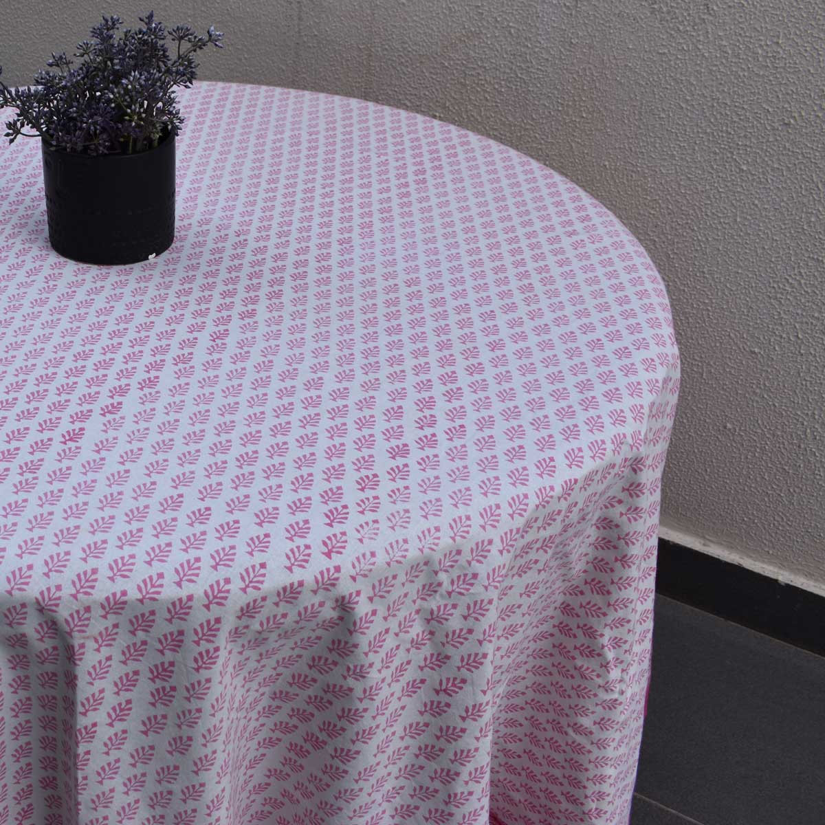 Hand Block Printed Cotton Round Tablecloth 220 cms Neem Carmine Rose 701741