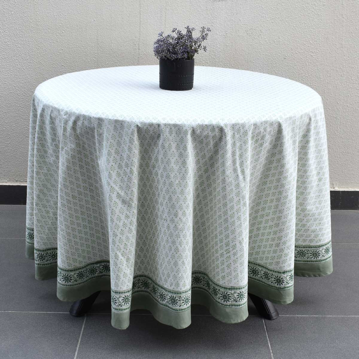 Hand Block Printed Cotton Round Tablecloth 220 cms Neem Hunter Green 702304