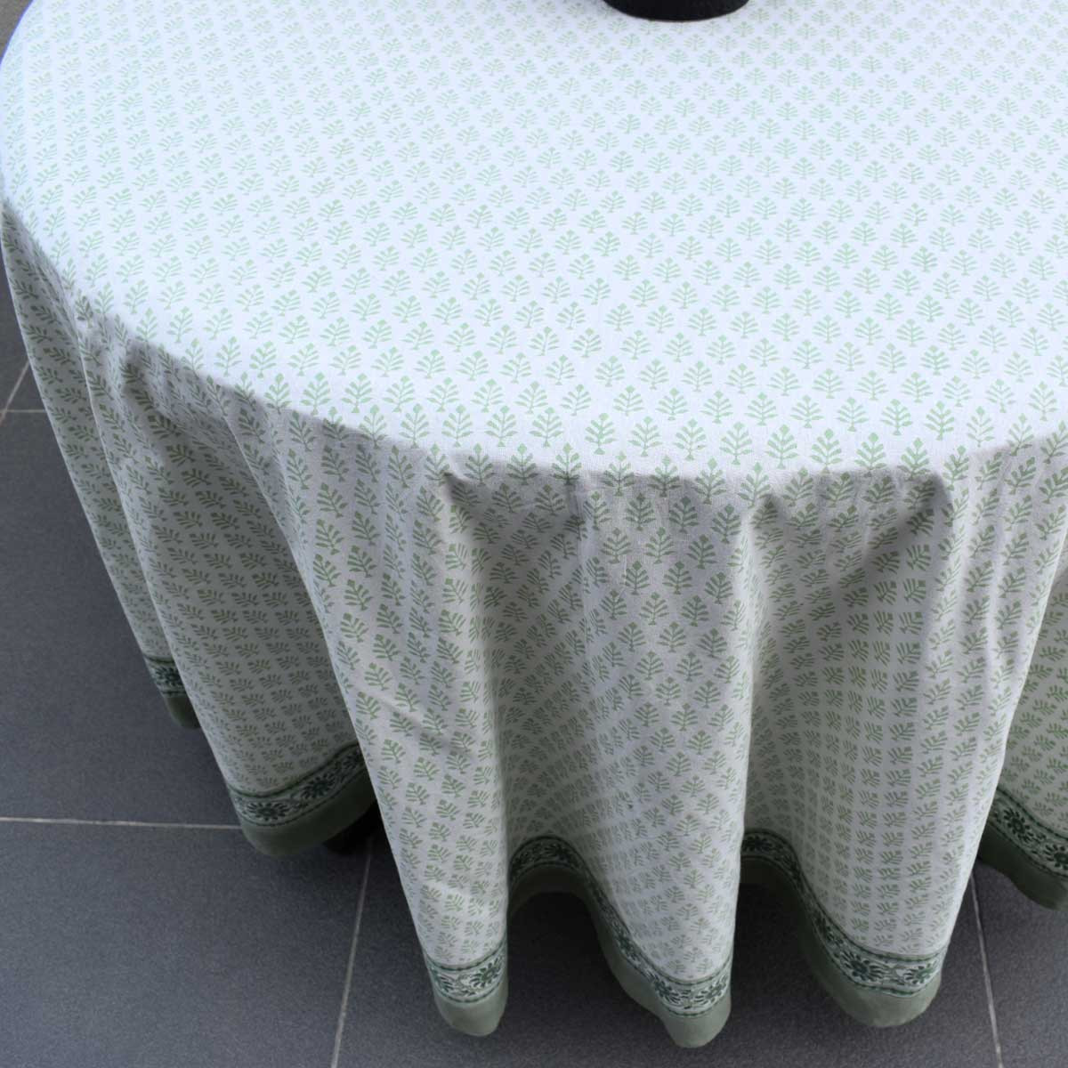 Hand Block Printed Cotton Round Tablecloth 220 cms Neem Hunter Green 702304