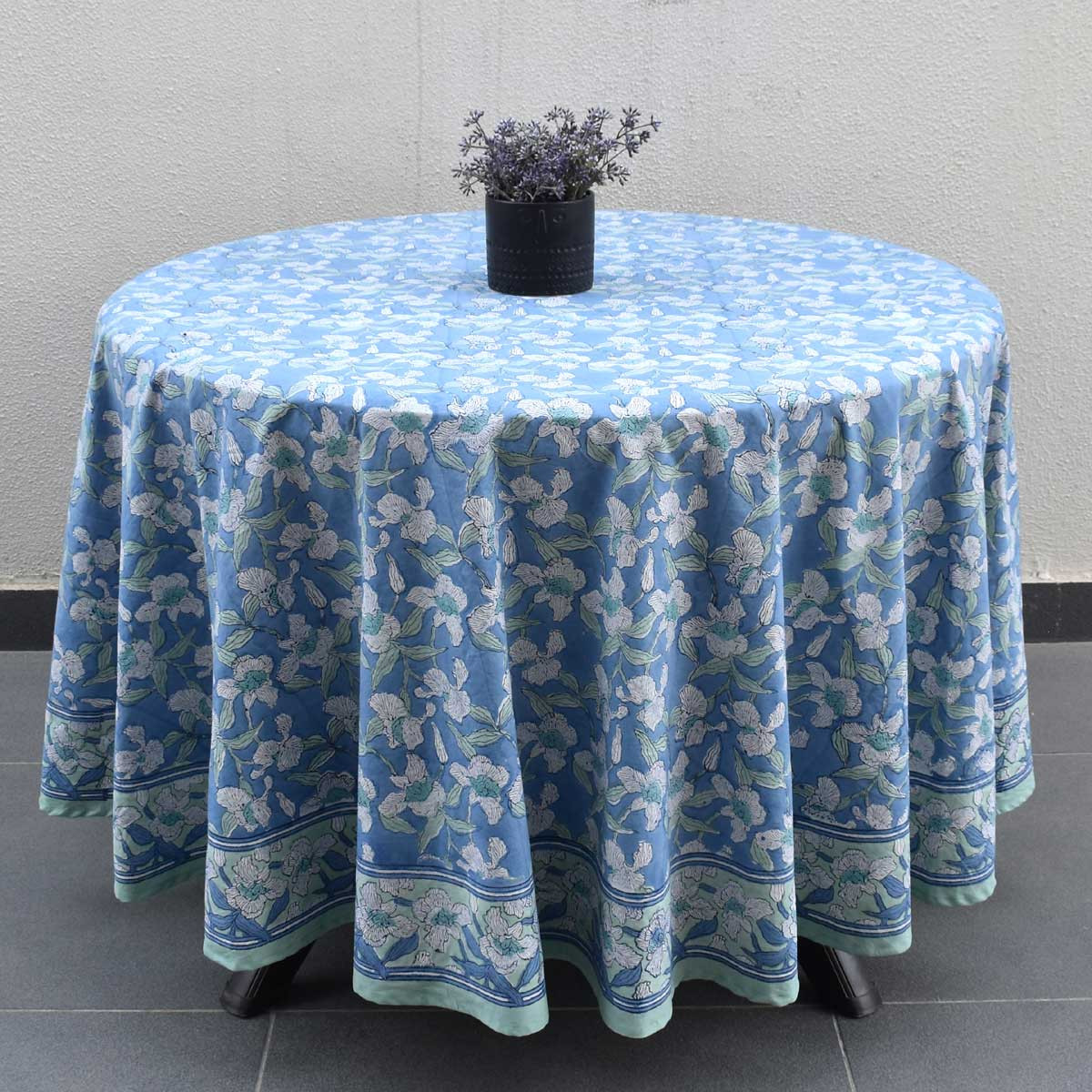 Hand Block Printed Cotton Round Tablecloth 220 cms Orchid Aqua 203890