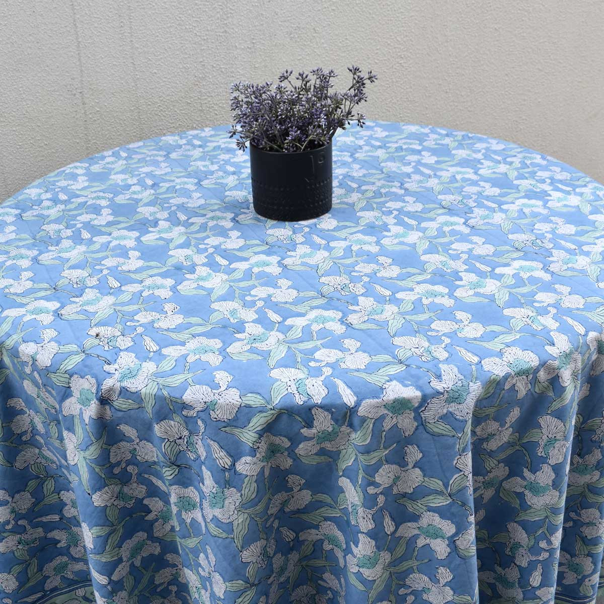Hand Block Printed Cotton Round Tablecloth 220 cms Orchid Aqua 203890