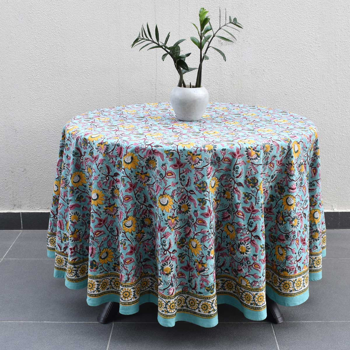 Hand Block Printed Cotton Round Tablecloth 220 cms Phuljhari Jade Gud 602160