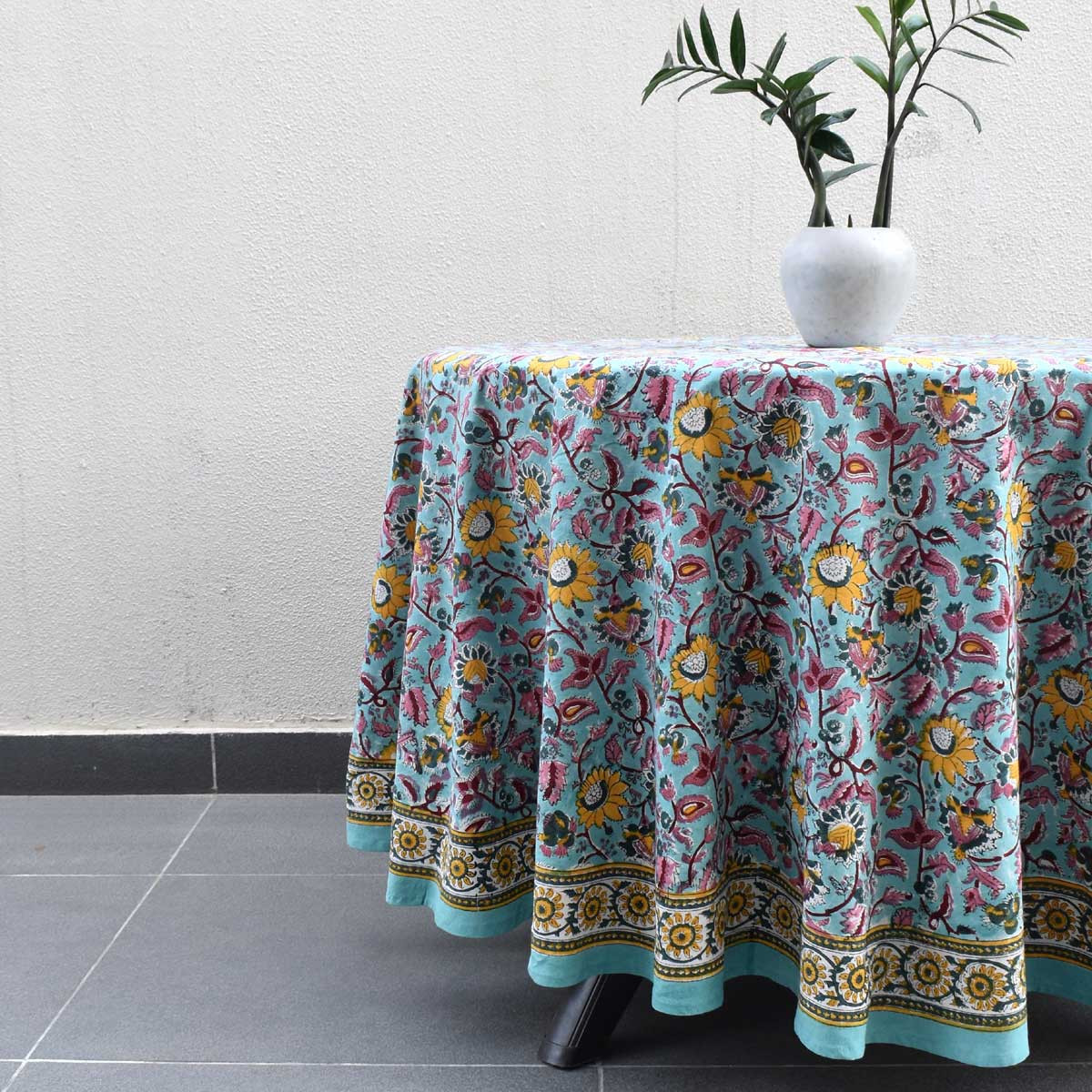 Hand Block Printed Cotton Round Tablecloth 220 cms Phuljhari Jade Gud 602160