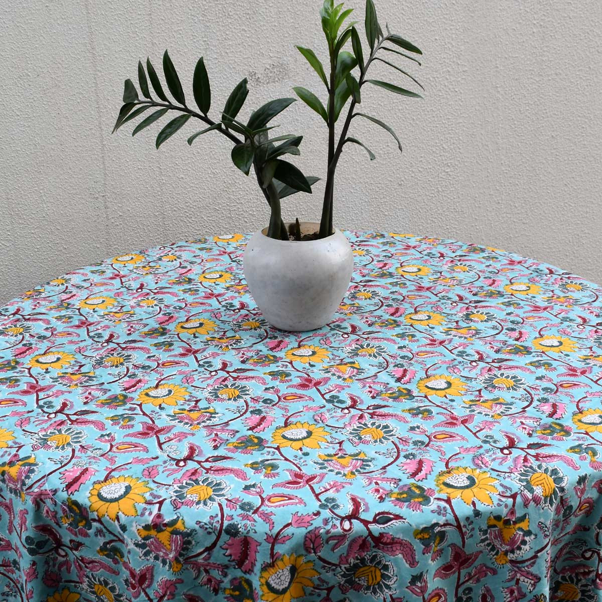 Hand Block Printed Cotton Round Tablecloth 220 cms Phuljhari Jade Gud 602160