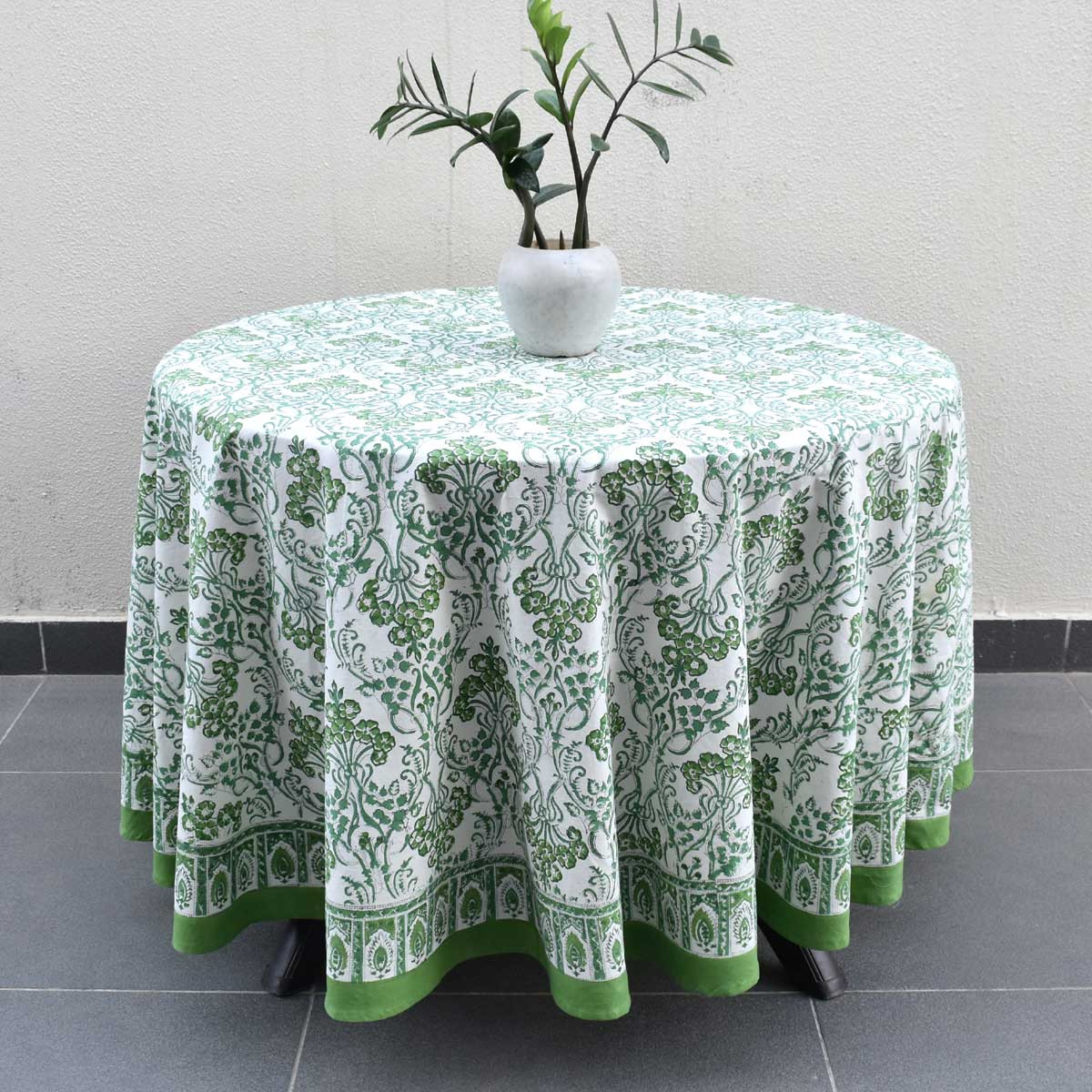 Hand Block Printed Cotton Round Tablecloth 220 cms Raat Ki Rani Green 207006