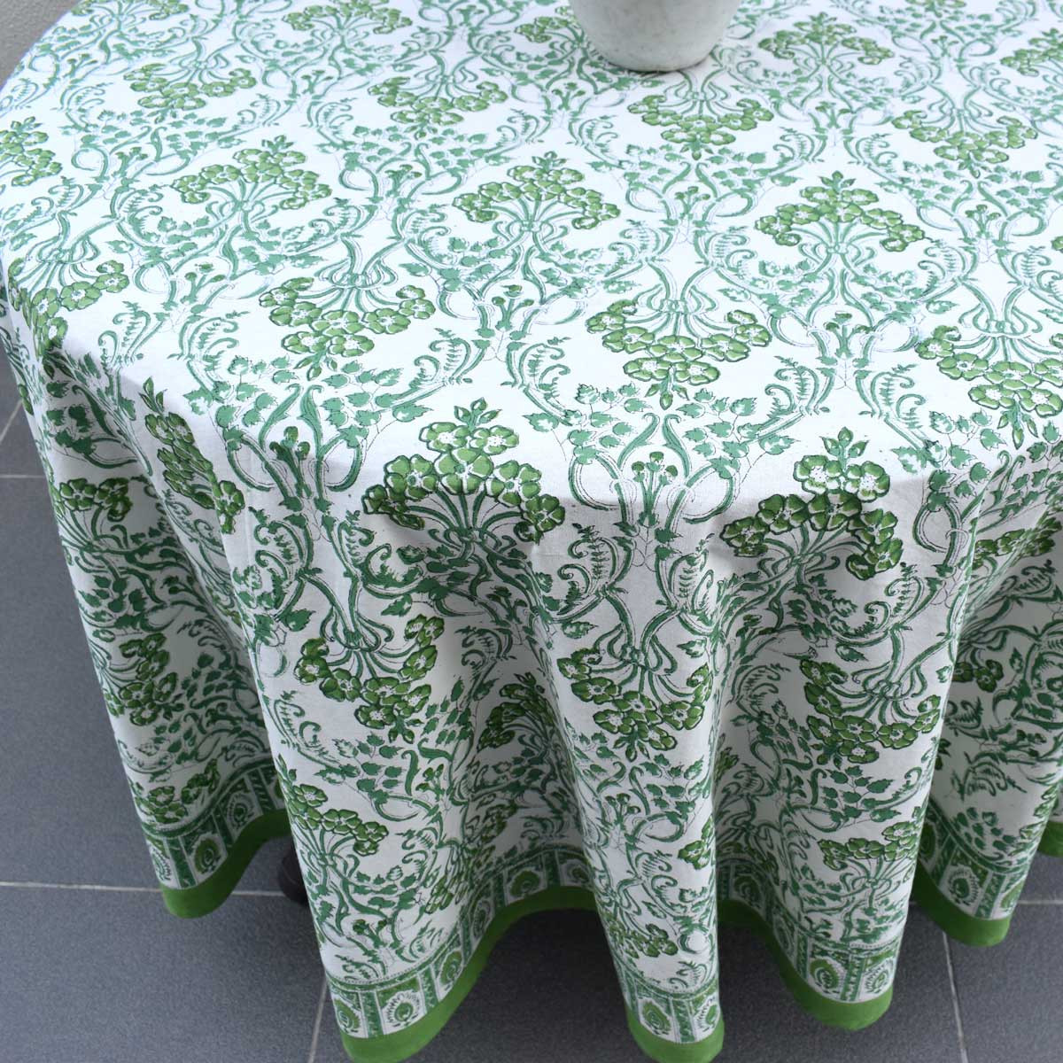 Hand Block Printed Cotton Round Tablecloth 220 cms Raat Ki Rani Green 207006