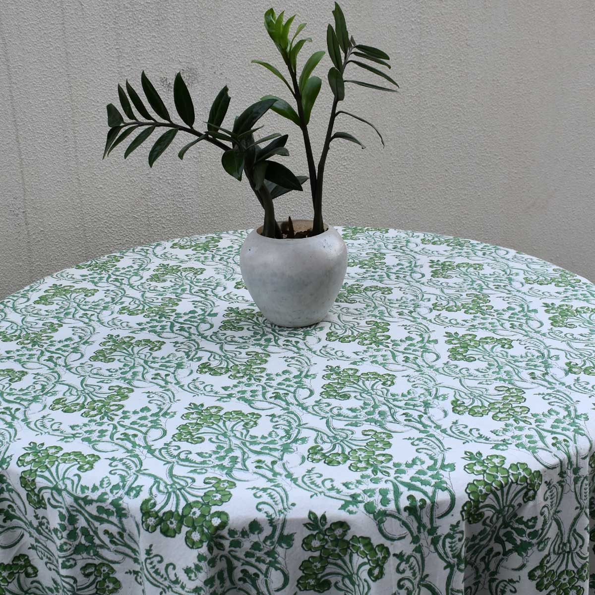 Hand Block Printed Cotton Round Tablecloth 220 cms Raat Ki Rani Green 207006