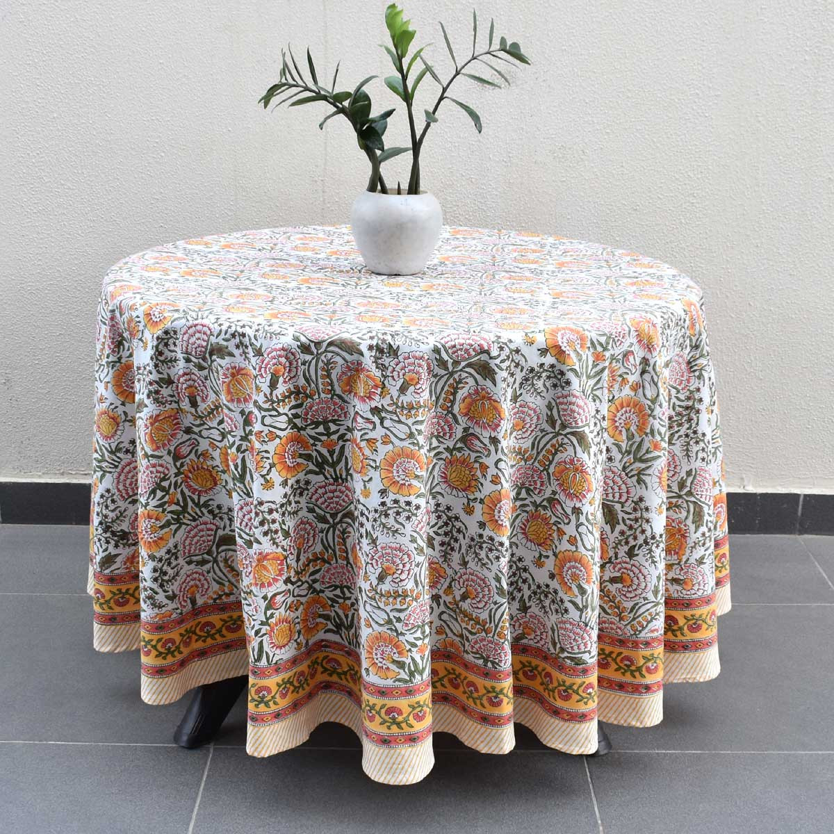 Hand Block Printed Cotton Round Tablecloth 220 cms Reshma Sea Green Open 203253