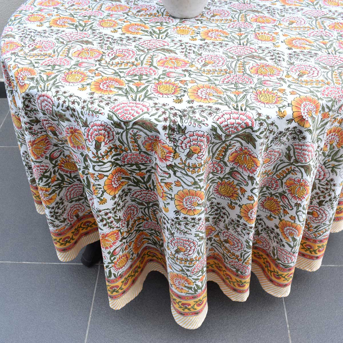 Hand Block Printed Cotton Round Tablecloth 220 cms Reshma Sea Green Open 203253