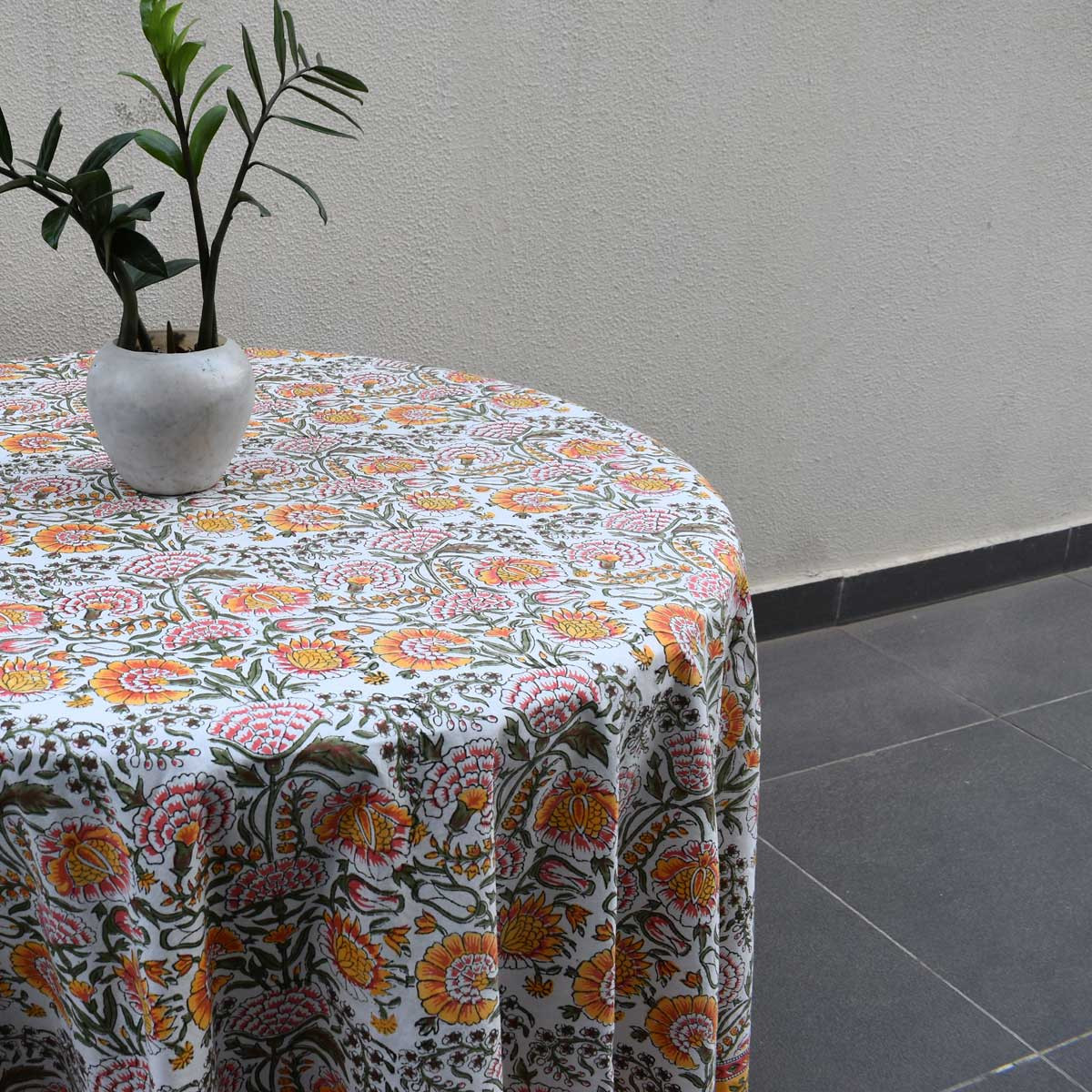 Hand Block Printed Cotton Round Tablecloth 220 cms Reshma Sea Green Open 203253