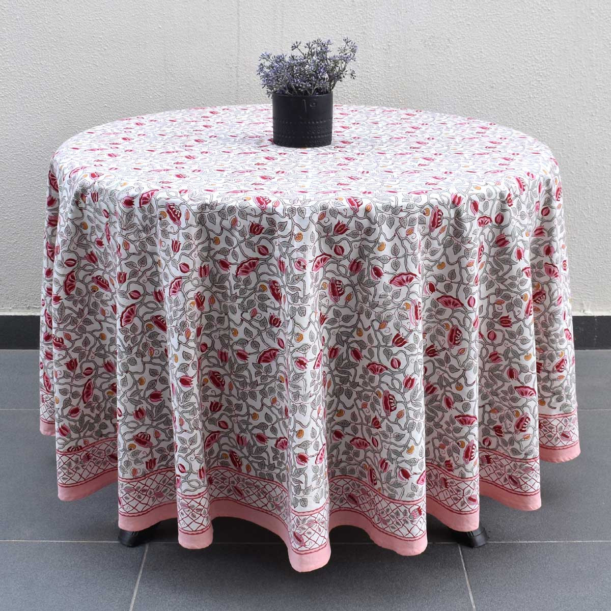 Hand Block Printed Cotton Round Tablecloth 220 cms Waterlily Pink Open 906172