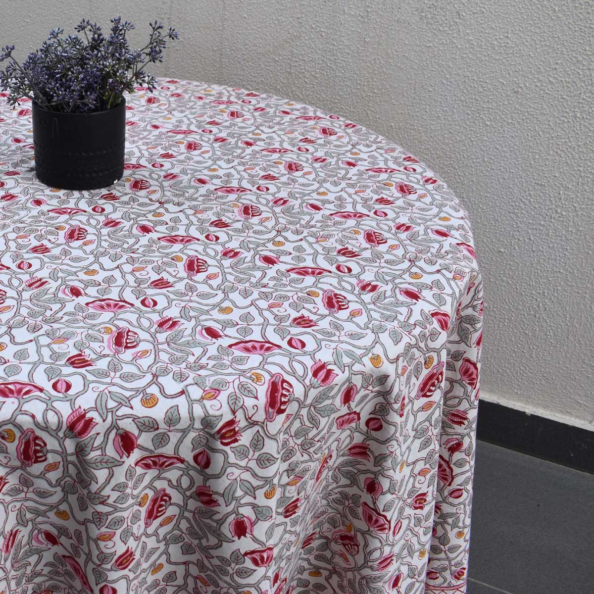 Hand Block Printed Cotton Round Tablecloth 220 cms Waterlily Pink Open 906172