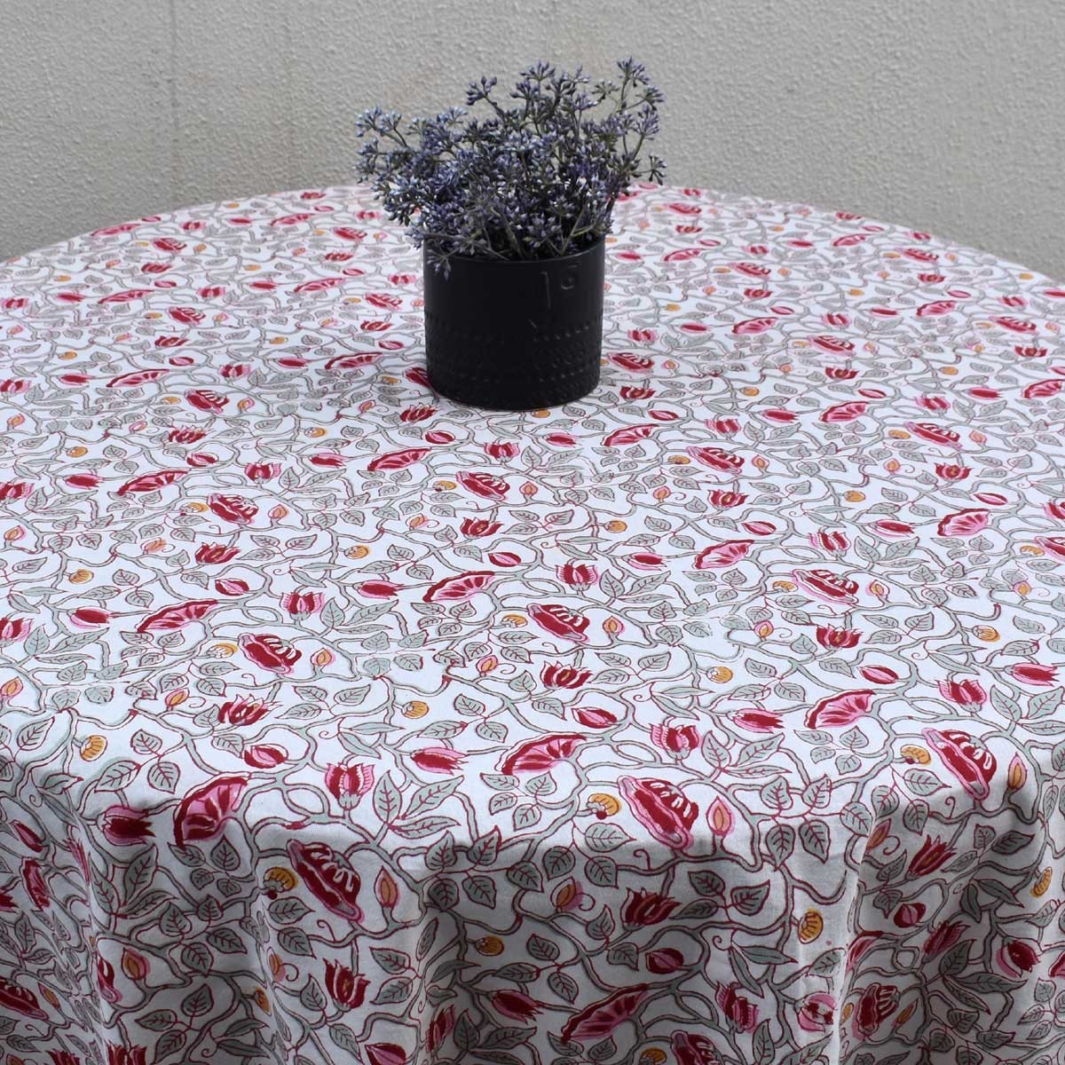 Hand Block Printed Cotton Round Tablecloth 220 cms Waterlily Pink Open 906172