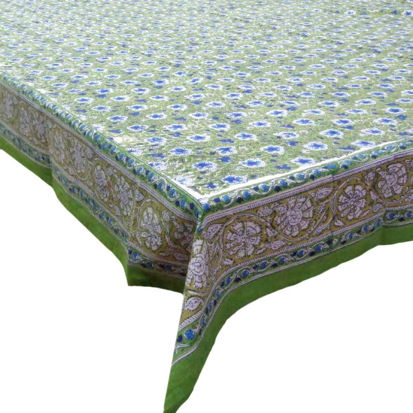 Hand Block Printed Cotton Tablecloth 150x220 Anemone Green 109159