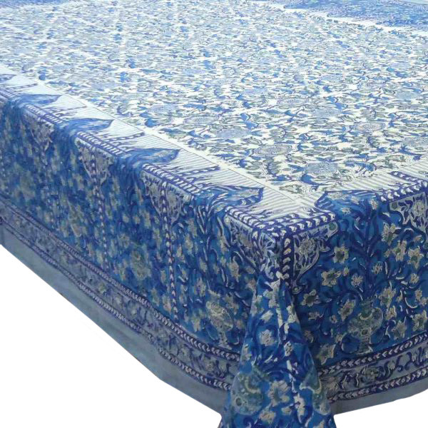Hand Block Printed Cotton Tablecloth 150x220 Chokor Dali Blue Open 3449