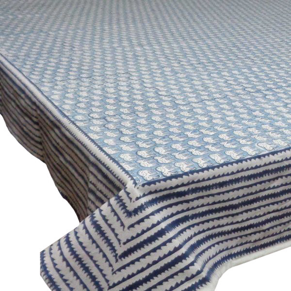 Hand Block Printed Cotton Tablecloth 150x220  Elephant Blue 103474
