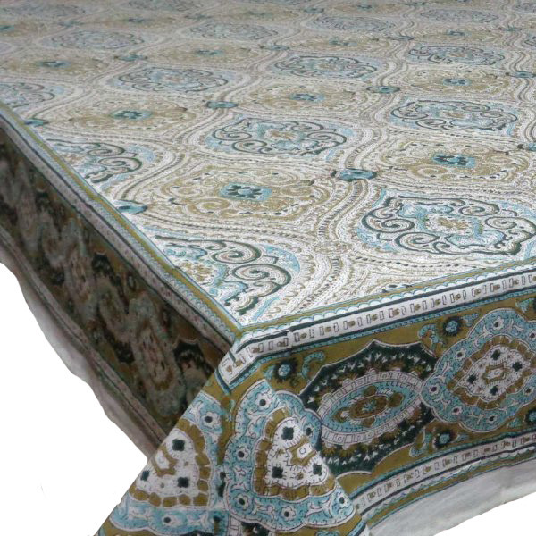 Hand Block Printed Cotton Tablecloth 150x220 Imperial Jade Olive 103484
