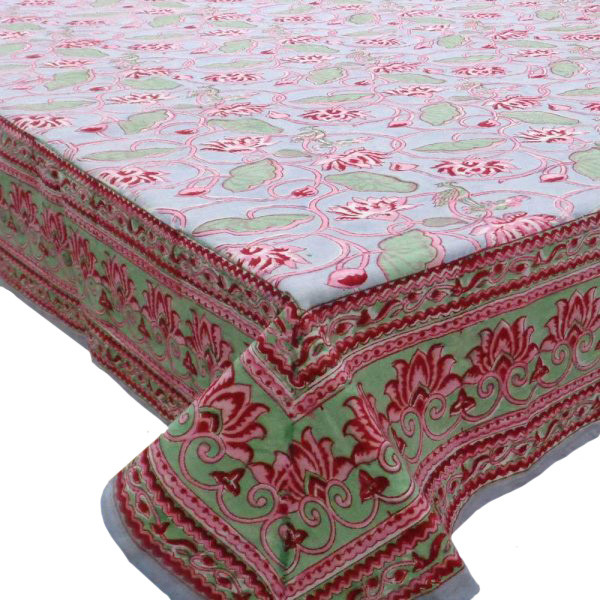 Hand Block Printed Cotton Tablecloth 150x220  Lotus Lake Grey 105573