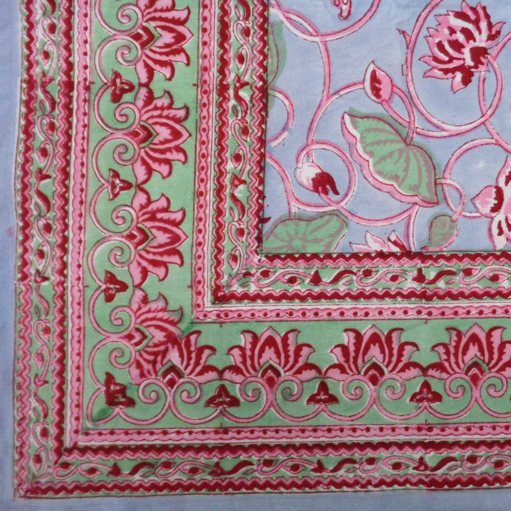 Hand Block Printed Cotton Tablecloth 150x220 Lotus Lake Grey 105573