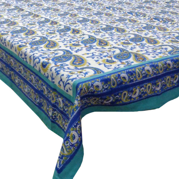 Hand Block Printed Cotton Tablecloth 150x220 Paisley Blue Open 108985