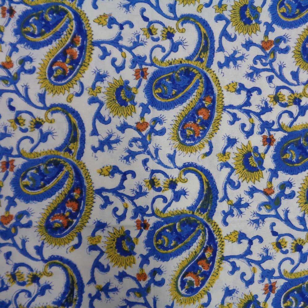 Hand Block Printed Cotton Tablecloth 150x220 Paisley Blue Open 108985