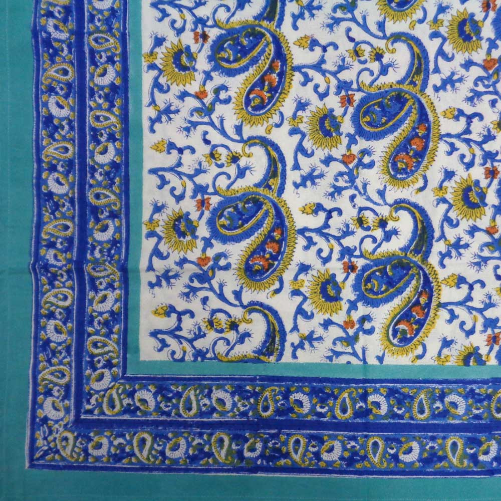 Hand Block Printed Cotton Tablecloth 150x220  Paisley Blue Open 108985