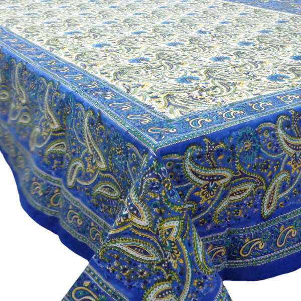 Hand Block Printed Cotton Tablecloth 150x220 Paisley Delight Blue Open 109014