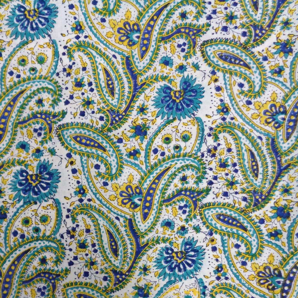 Hand Block Printed Cotton Tablecloth 150x220  Paisley Delight Blue Open 109014