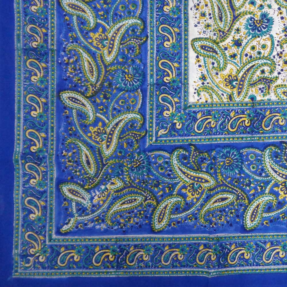 Hand Block Printed Cotton Tablecloth 150x220 Paisley Delight Blue Open 109014