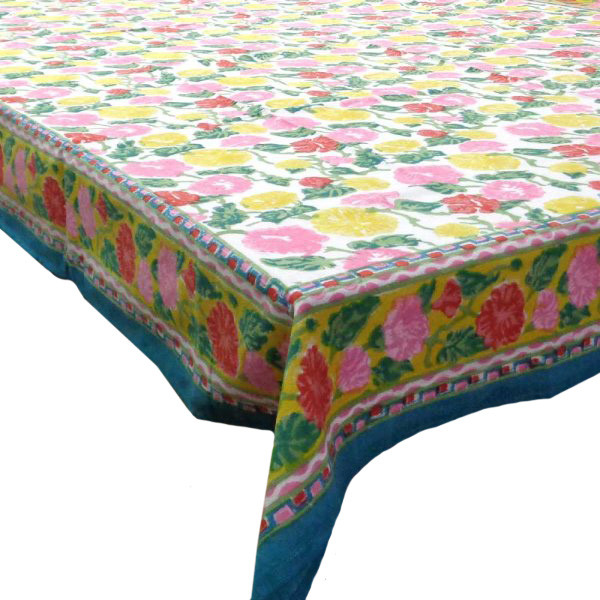 Hand Block Printed Cotton Tablecloth 150x220  Pastel Flower Open 109153