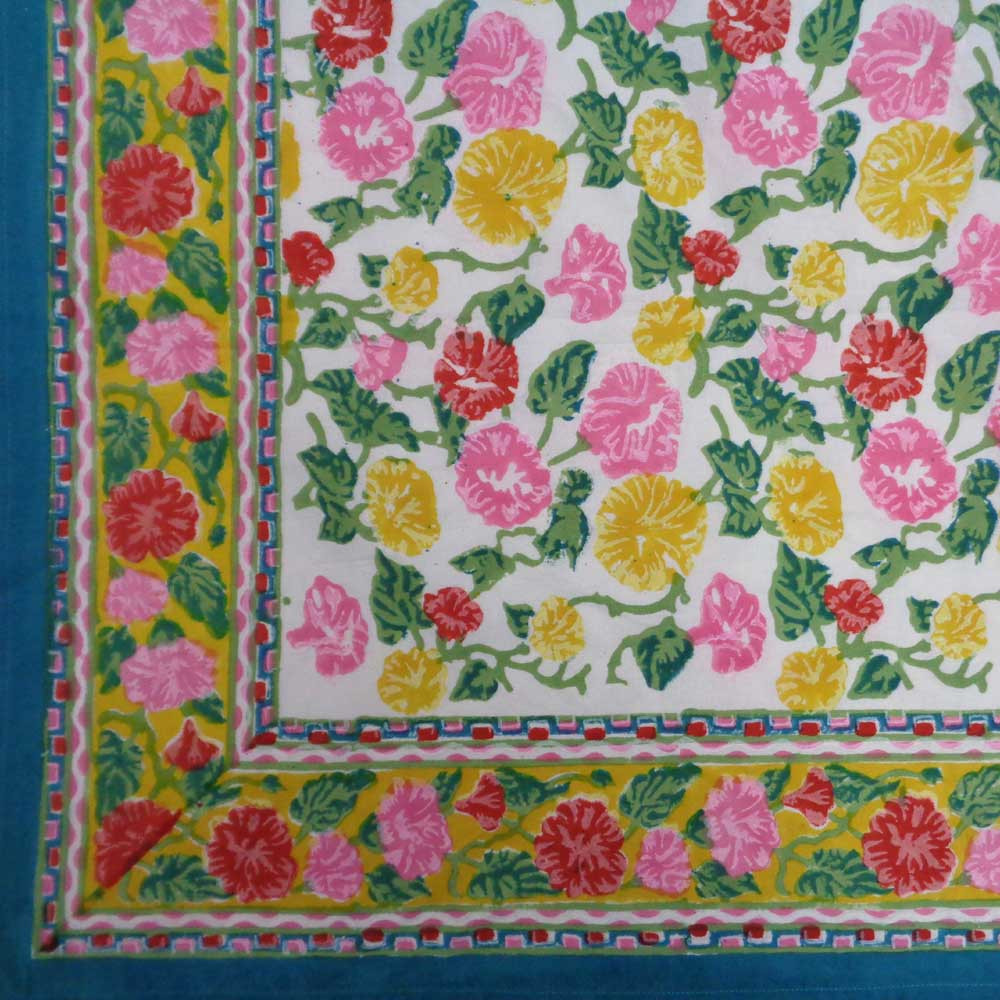 Hand Block Printed Cotton Tablecloth 150x220  Pastel Flower Open 109153