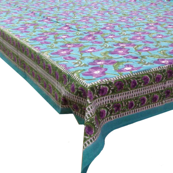 Hand Block Printed Cotton Tablecloth 150x220 Purple Flower Gud 109171