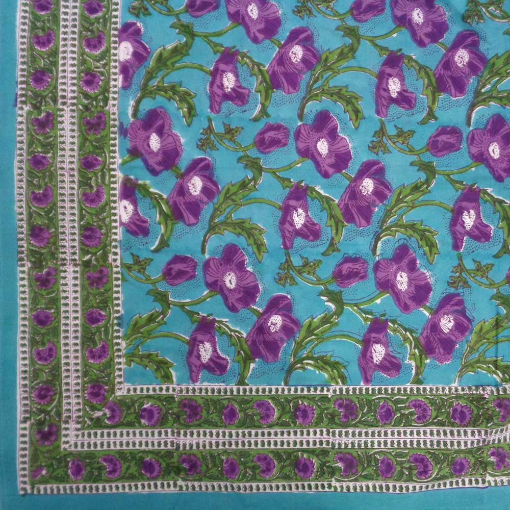 Hand Block Printed Cotton Tablecloth 150x220  Purple Flower Gud 109171