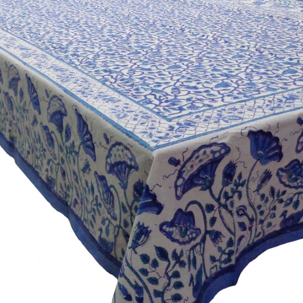 Hand Block Printed Cotton Tablecloth 150x220 Waterlily Blue Jaal 109131