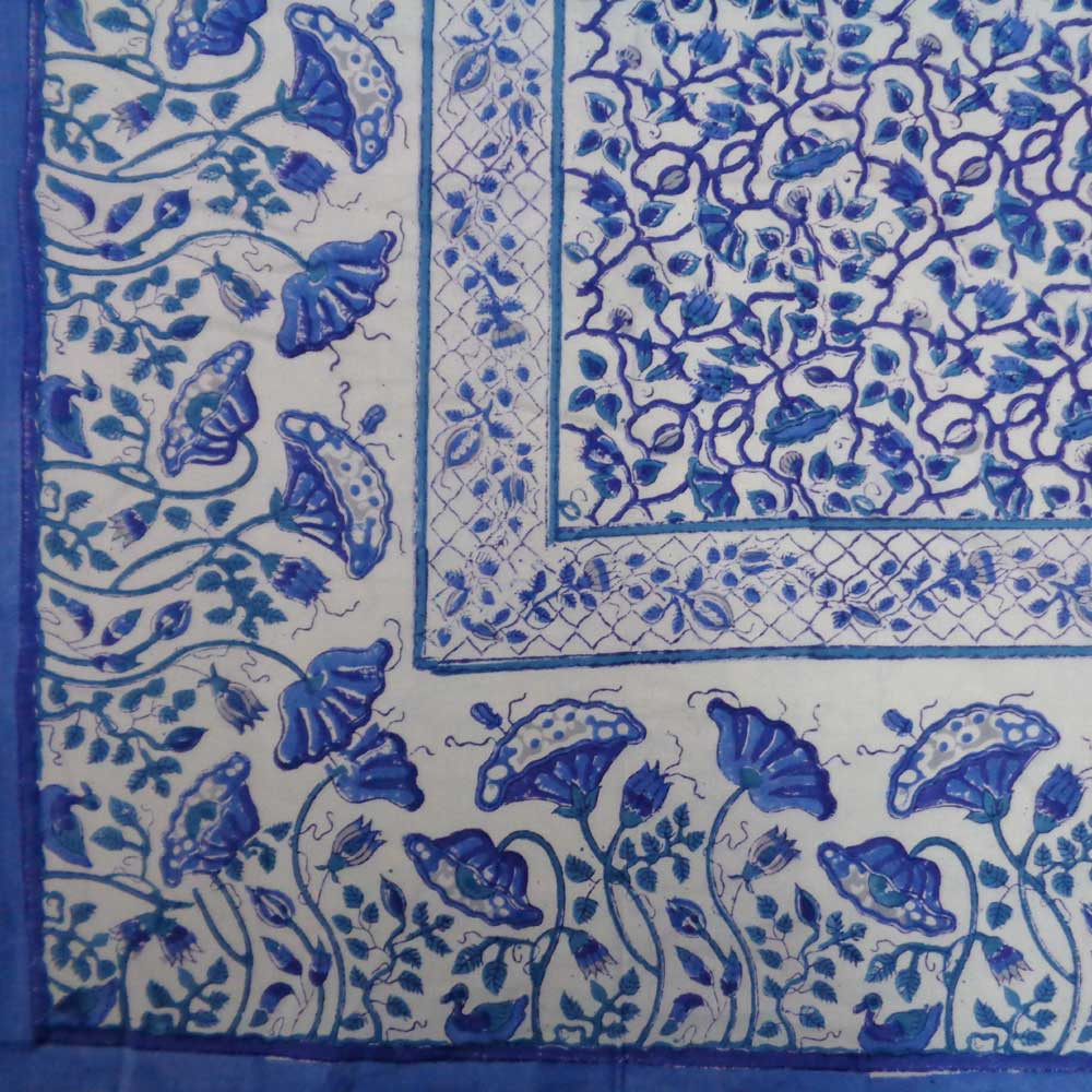 Hand Block Printed Cotton Tablecloth 150x220 Waterlily Blue Jaal 109131