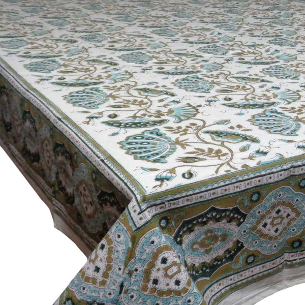 Hand Block Printed Cotton Tablecloth 150X220 Waterlily Jade Olive 103478