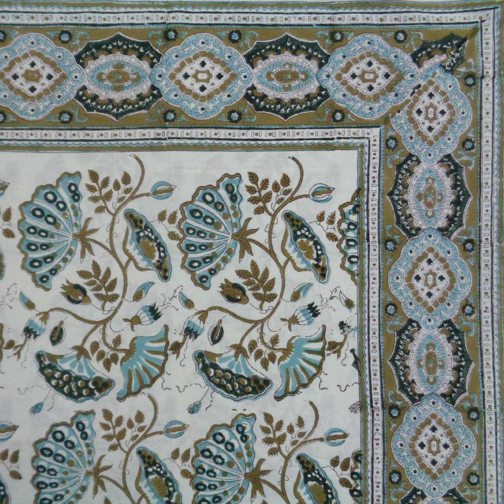 Hand Block Printed Cotton Tablecloth 150X220  Waterlily Jade Olive 103478