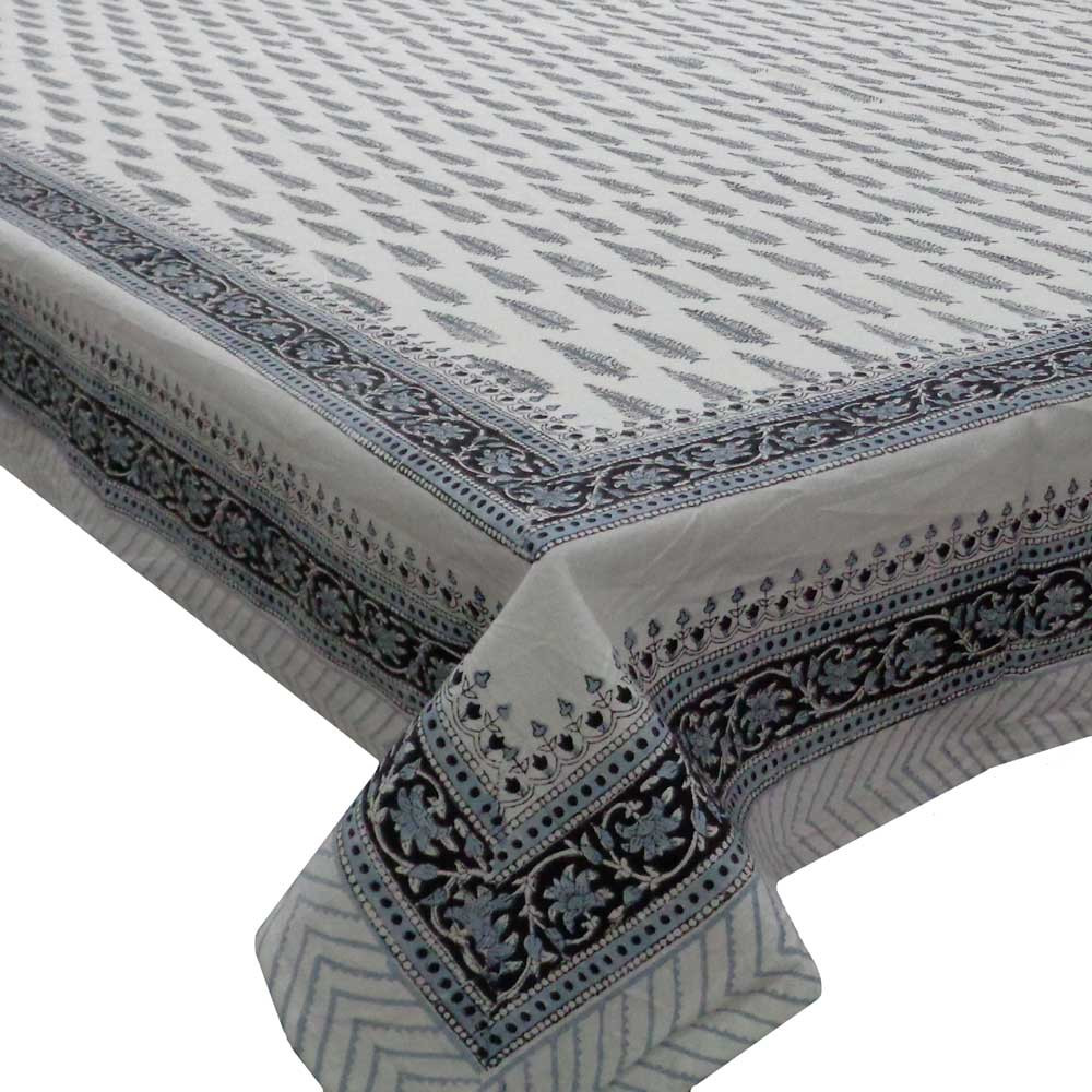 Hand Block Printed Cotton Tablecloth 150x220  Winter Fall Tree Grey 107195