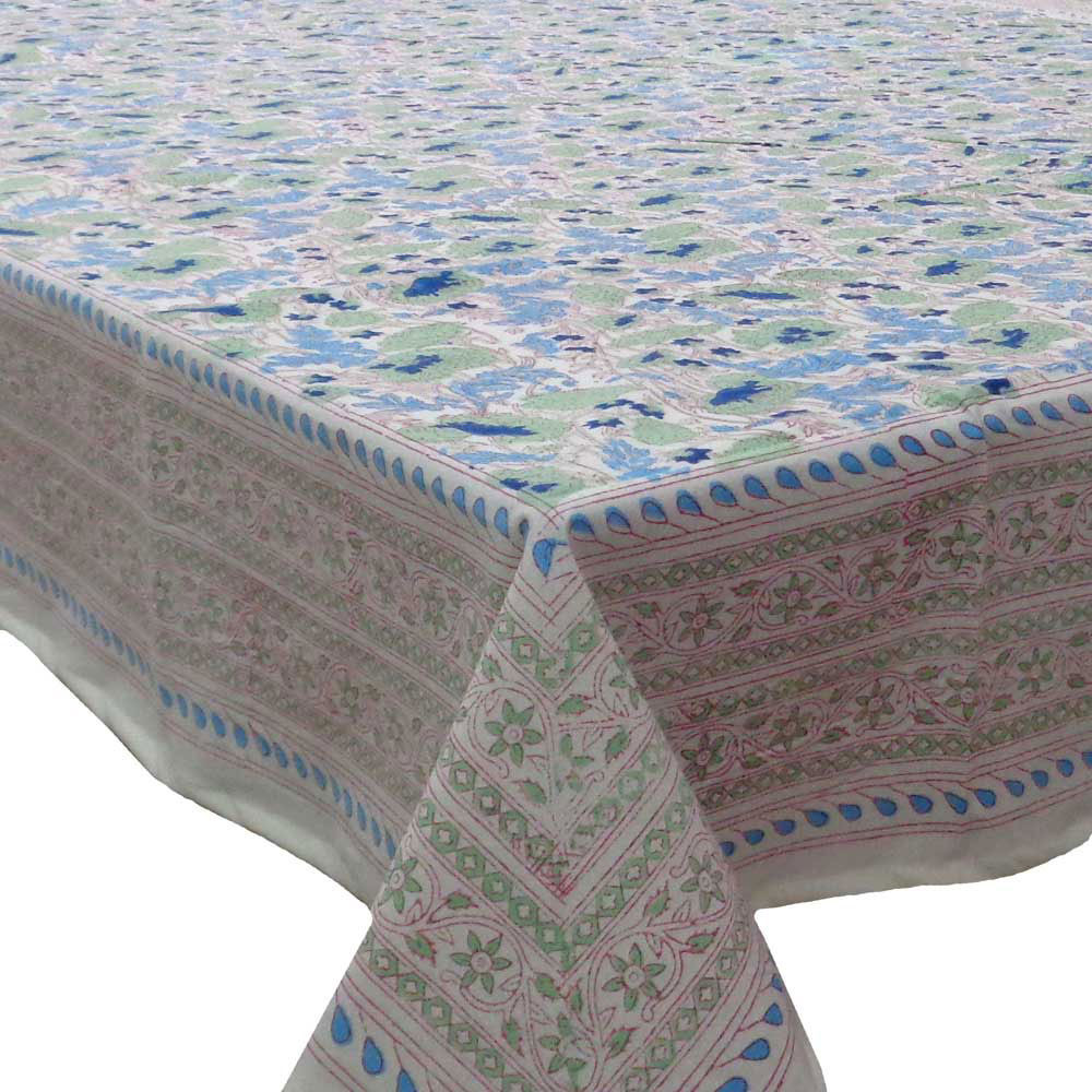 Hand Block Printed Cotton Tablecloth 150x220 cm Bush Flower Green 103543