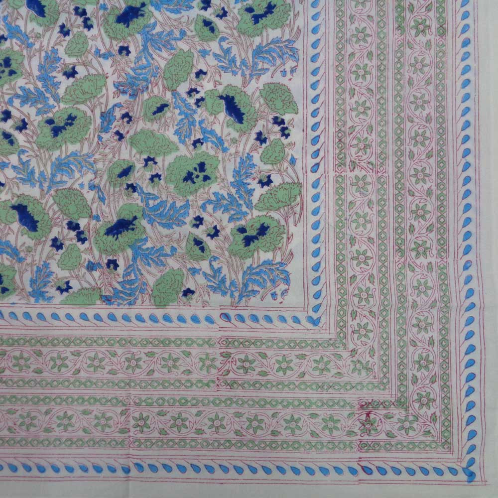 Hand Block Printed Cotton Tablecloth 150x220 cm  Bush Flower Green 103543
