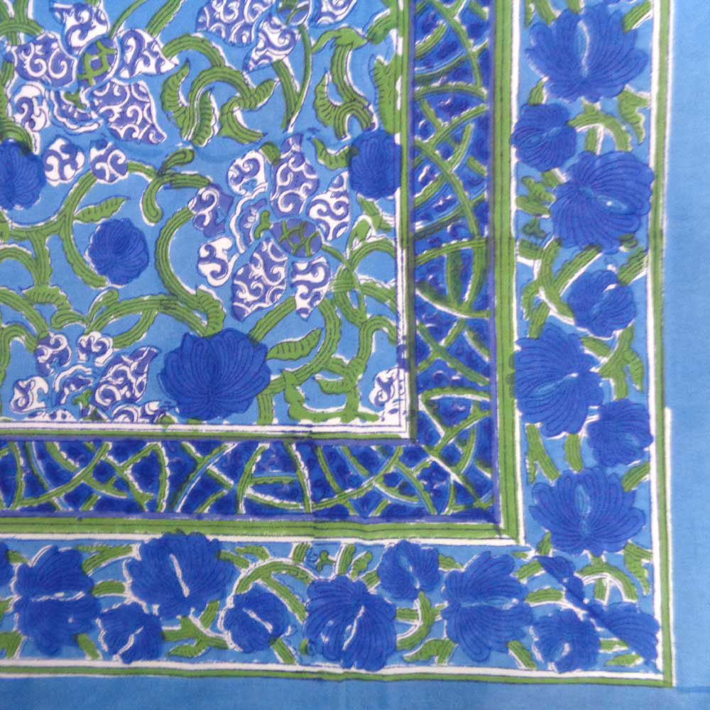 Hand Block Printed Cotton Tablecloth 150x220 cm  Daffodils Blue Gud 3437