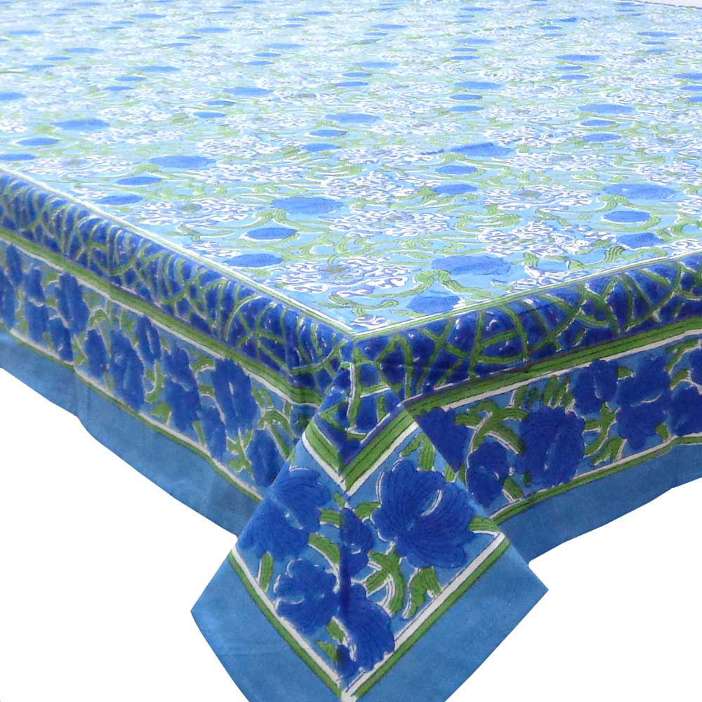 Hand Block Printed Cotton Tablecloth 150x220 cm Daffodils Blue Gud 3437