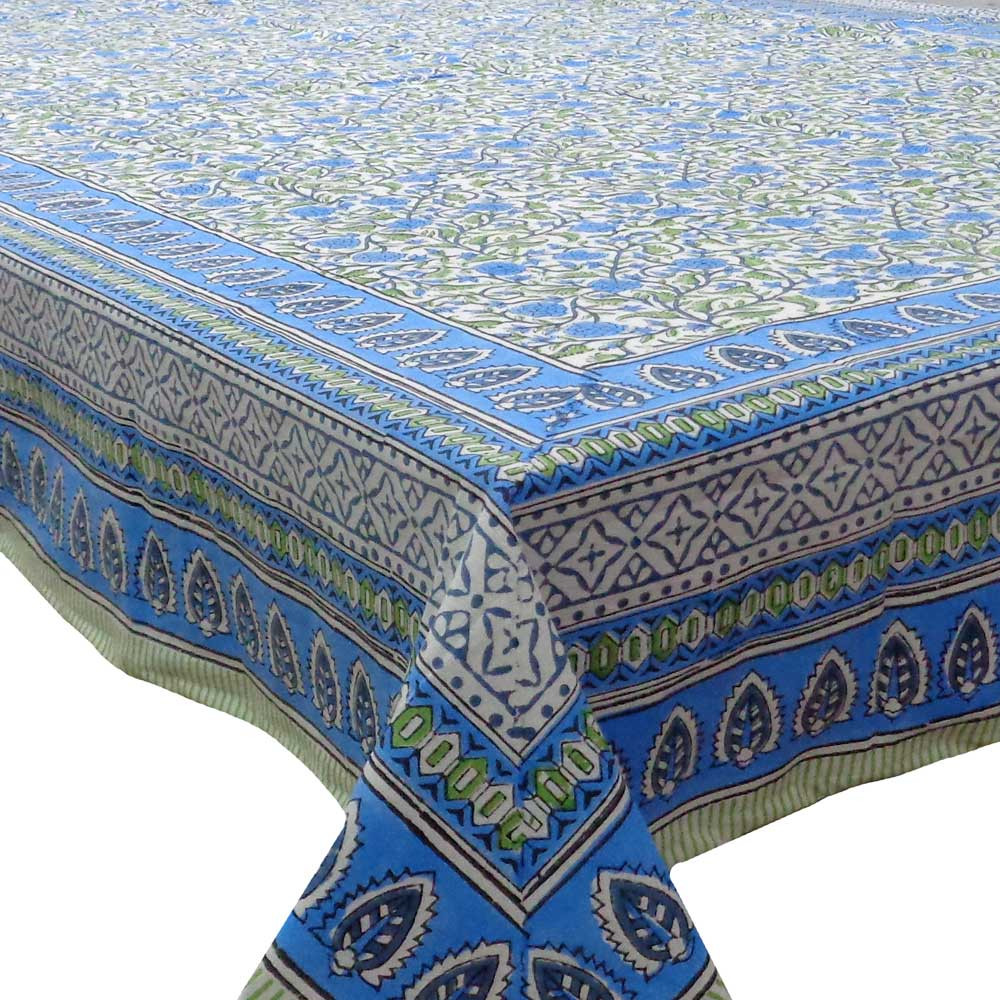 Hand Block Printed Cotton Tablecloth 150x220 cm Desert Blossom Blue Open 103547