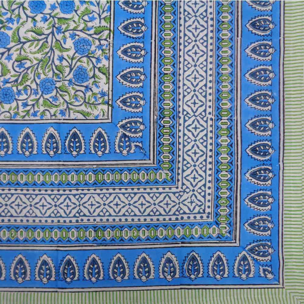 Hand Block Printed Cotton Tablecloth 150x220 cm Desert Blossom Blue Open 103547