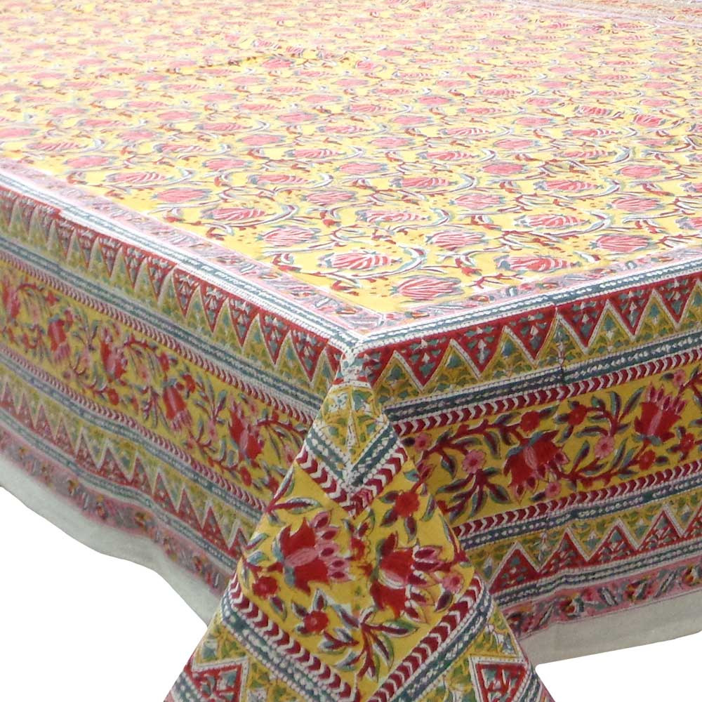 Hand Block Printed Cotton Tablecloth 150x220 cm  Frost Mustard Floral Gud 109019